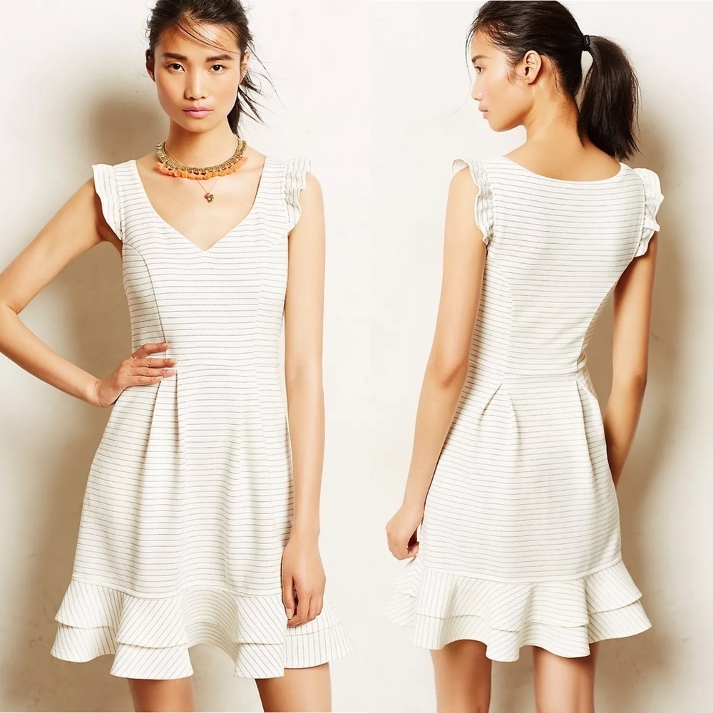 Anthropologie  Maeve Sunland Striped V Neck Flutter Ruffle Sleeve Knit Dress 4